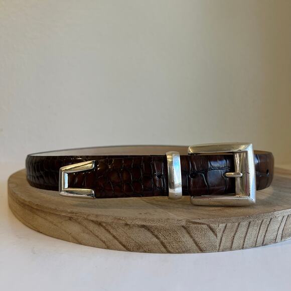 Fossil Brown Embossed Croco Genuine Leather Silver Tipped Belt Size Small - Picture 11 of 11